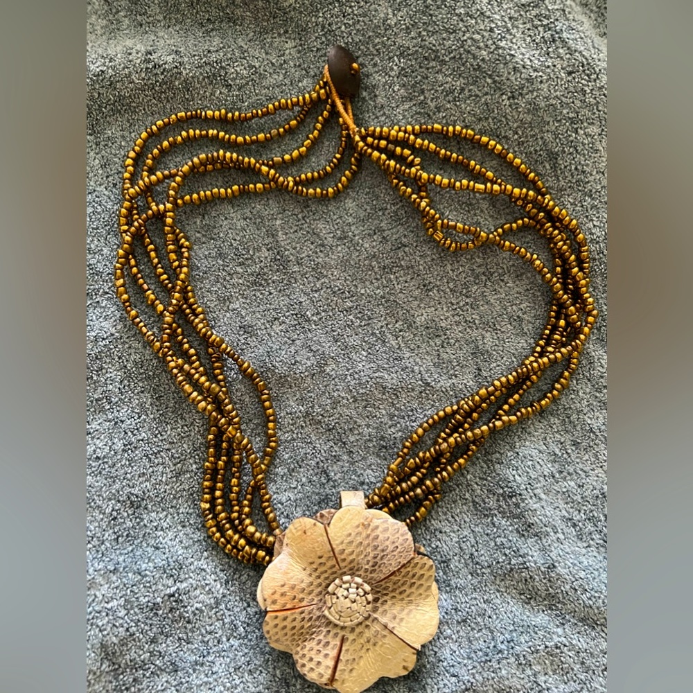 Beaded Necklace with Cream Leather Flower